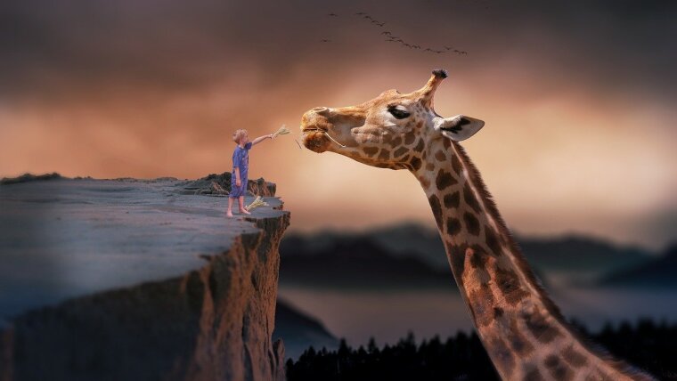 Kind mit einer Giraffe